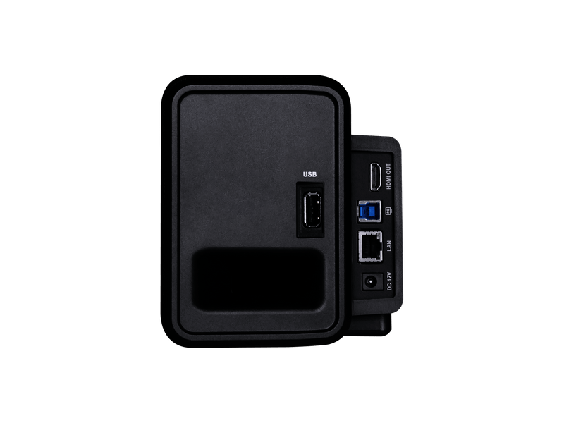 Close-up view of the AVer VB342 Pro back panel, showcasing HDMI, USB, LAN, and power connectivity options for seamless video conferencing integration.