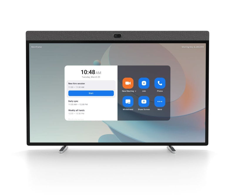 Touchscreen video conferencing display showing meeting schedule and options for joining, whiteboarding, and screen sharing, providing a seamless solution for modern business communication
