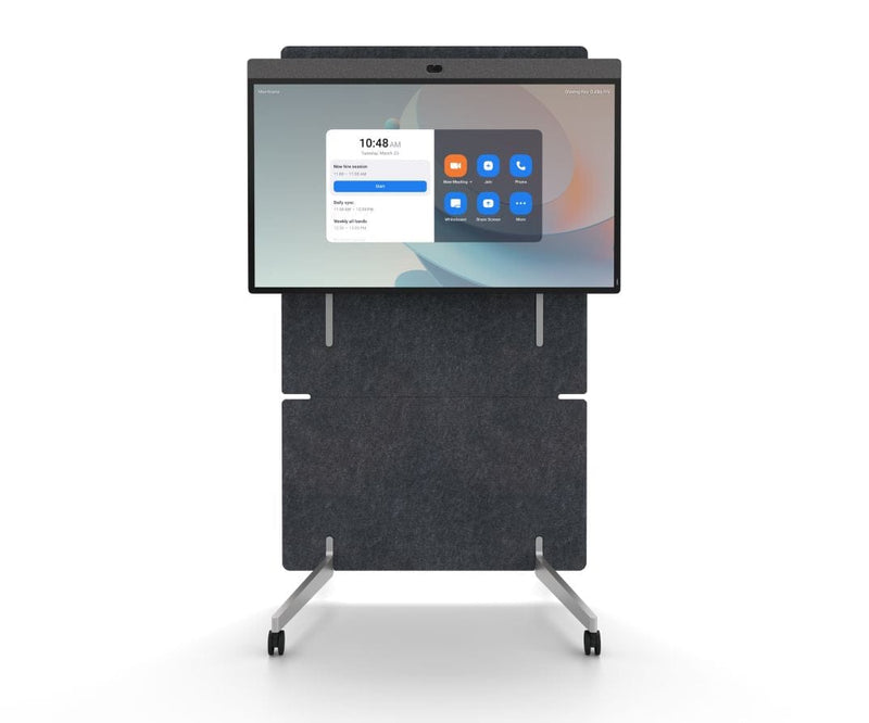 Front view of a mobile video conferencing display with a touchscreen interface, offering intuitive meeting controls for enhanced remote collaboration in business environments
