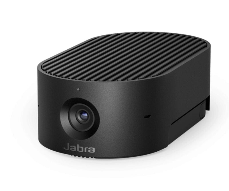 Close-up image of the Jabra PanaCast 20 video camera showcasing its compact design, advanced 4K lens, and modern aesthetic for enhanced video conferencing.