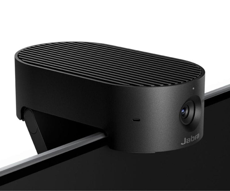 Side view of the Jabra PanaCast 20 webcam securely mounted on a screen, highlighting its compact design and advanced 4K video capabilities for professional conferencing.