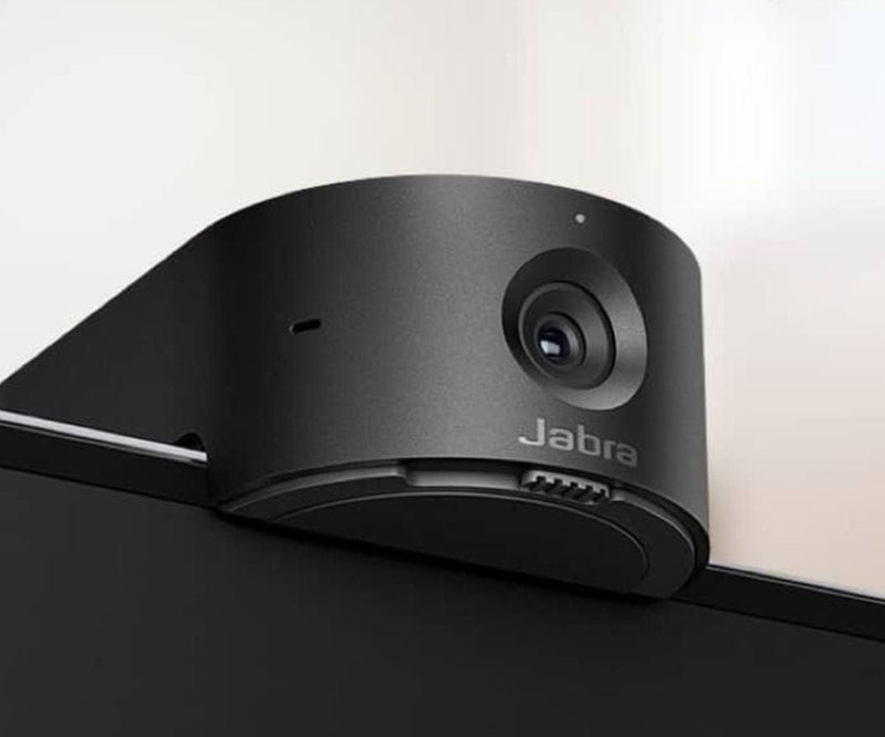 Close-up of the Jabra Panacast 20, a sleek black video conferencing camera with 4K resolution for professional virtual meetings.