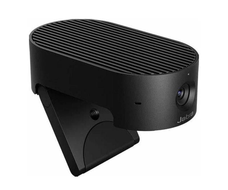 Angled view of the Jabra Panacast 50 personal video conferencing camera, featuring a compact black design with advanced 4K capabilities.