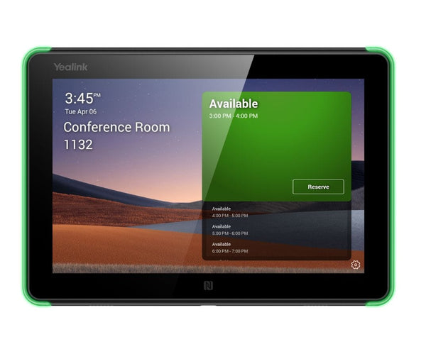 Yealink conference room scheduling panel showing a touch screen interface with room name “Conference Room 1132,” current time of 3:45 PM, green availability status, and upcoming available time slots.