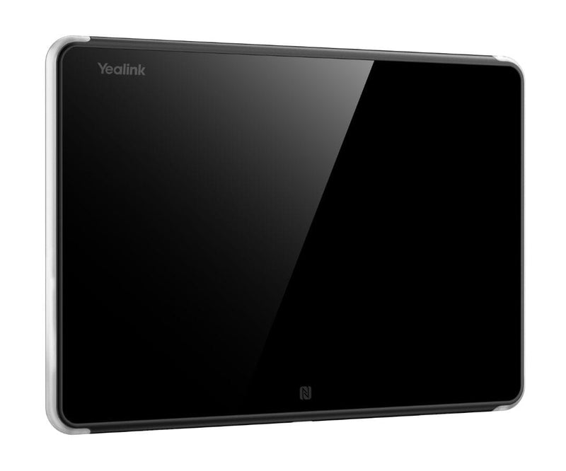 Yealink conference room scheduling panel with its screen turned off, displaying a sleek black front panel with rounded edges.