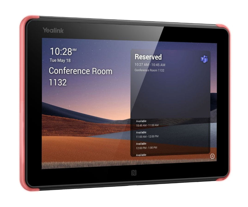 Yealink conference room scheduling panel with its screen turned off, viewed from the front, featuring a clean black glossy surface and minimal design.