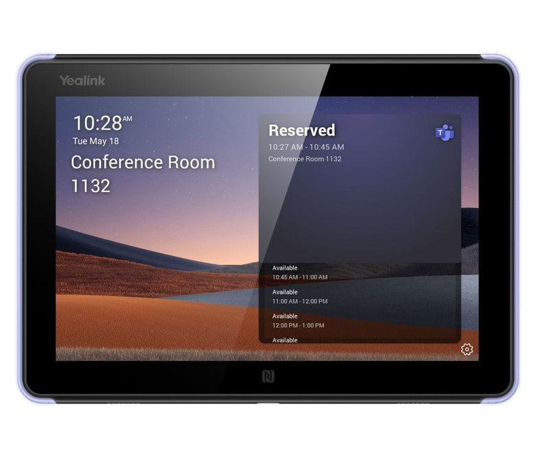 Yealink conference room scheduling panel showing “Reserved” status with a red LED border, displaying room name “Conference Room 1132,” Microsoft Teams logo, and time slots for upcoming availability.